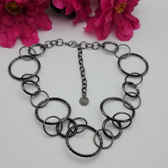 R.J. Graziano Gunmetal Tone Circle Link Chain Necklace 21" Adj. - Picture 1 of 7